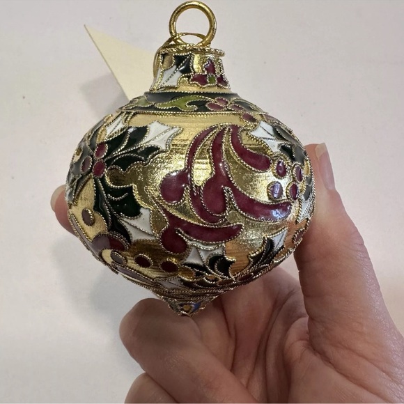 Precious Cloisonne Enamel Ornament Gold Plate Holly Berry On Copper Artisan Made - Picture 6 of 14